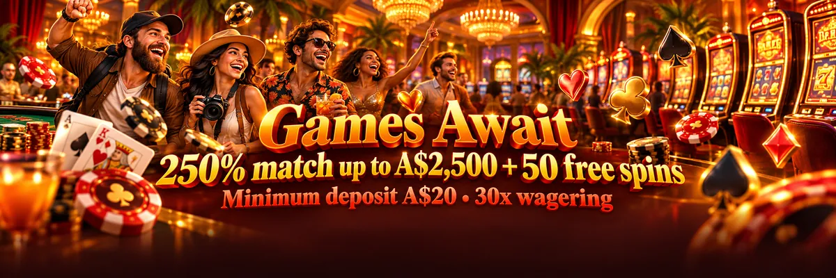 A stylish group of casino-goers gathers around glowing gaming tables and slot machines beneath chandeliers in an upscale lounge.